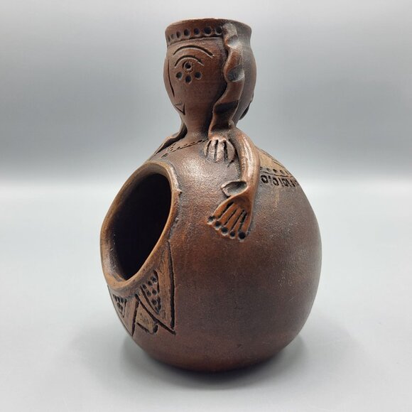 Vintage Signed Terracotta Folk Art Handcrafted Clay Incense Burner Female Figure - Picture 9 of 15